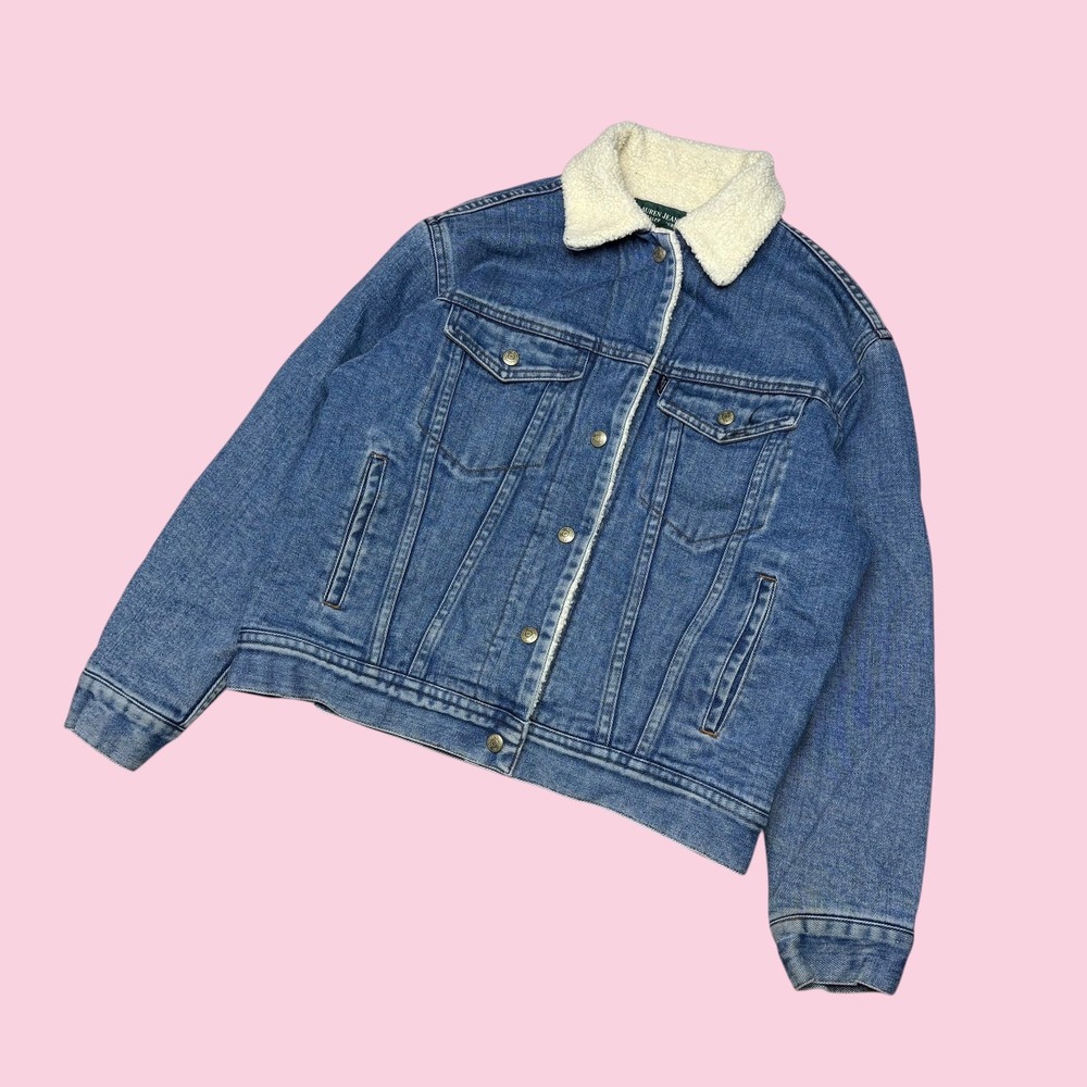 Lauren Ralph Lauren Denim Sherpa Lined Trucker Jacket Blue Petite P/P